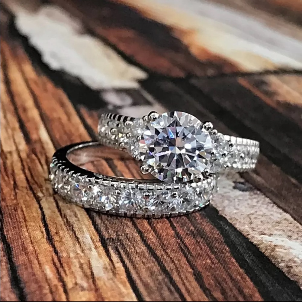 New 2pc set 925 Silver Diamond Engagement Ring - Picture 3 of 5